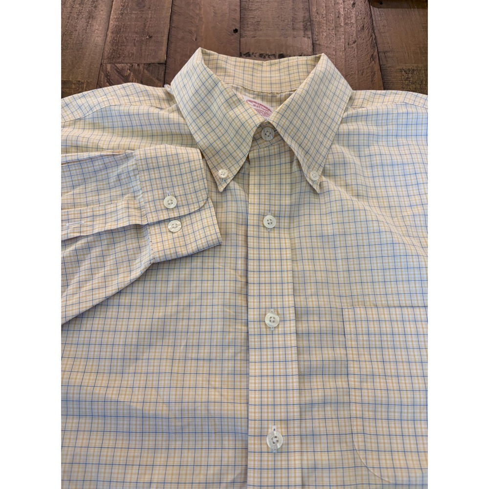 Brooks Brothers Mens XL Non-Iron Cotton Dress Shirt Yellow Blue Tattersall Check